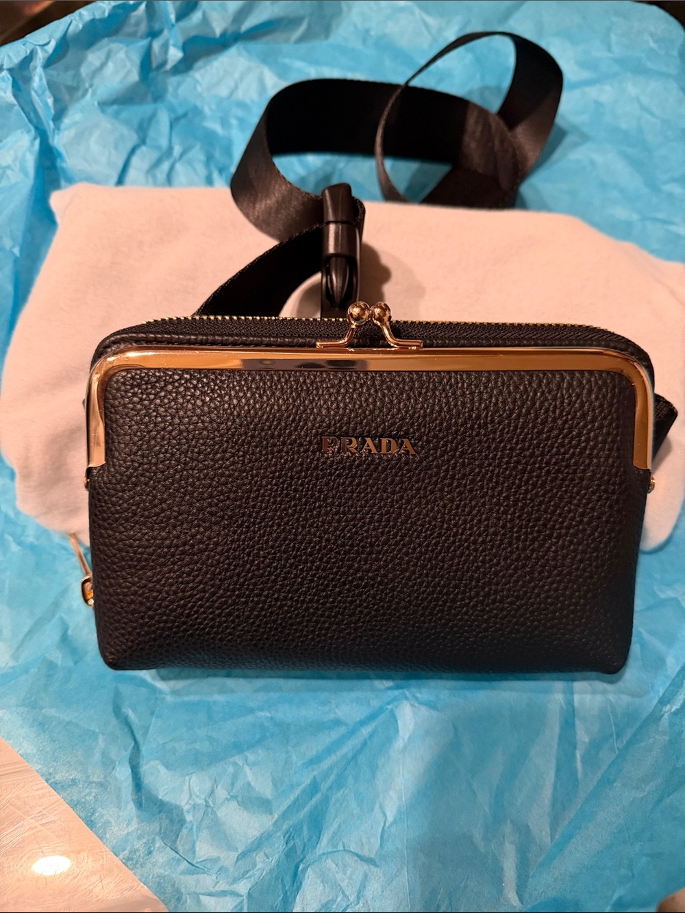 Prada Black Pebbled Leather Crossbody with Gold Frame